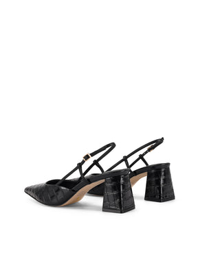 Women's black croc embossed leather slingback block heel with pointed toe