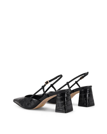 Women's black croc embossed leather slingback block heel with pointed toe