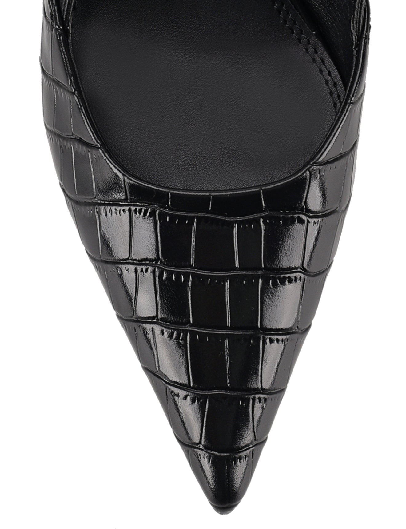 Women's black croc embossed leather slingback block heel with pointed toe