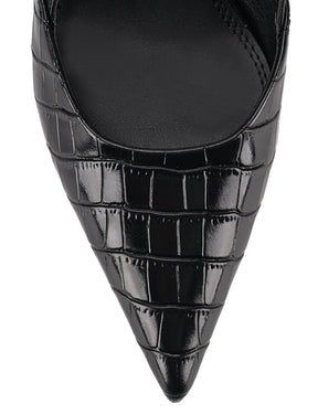 Women's black croc embossed leather slingback block heel with pointed toe