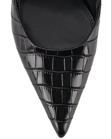 Women's black croc embossed leather slingback block heel with pointed toe