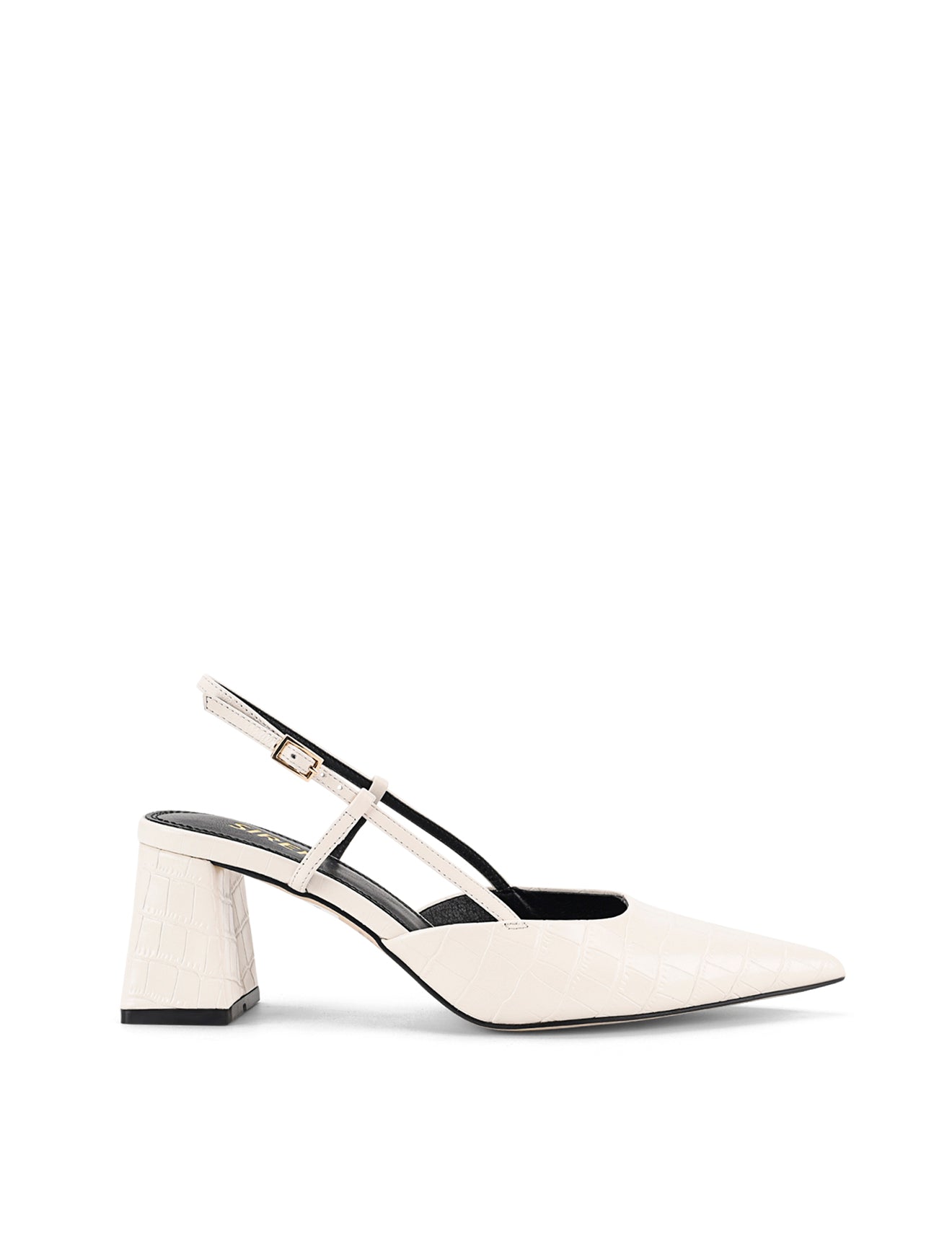 Women's white croc embossed leather slingback block heel with pointed toe