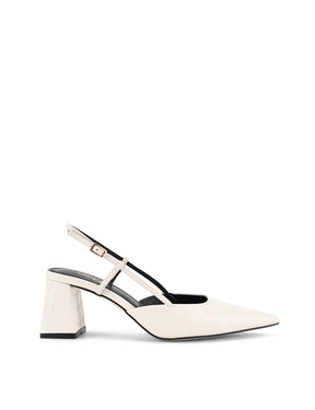 Women's white croc embossed leather slingback block heel with pointed toe