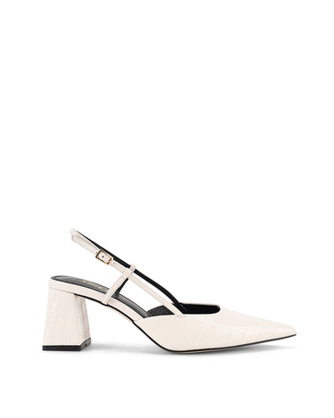 Women's white croc embossed leather slingback block heel with pointed toe