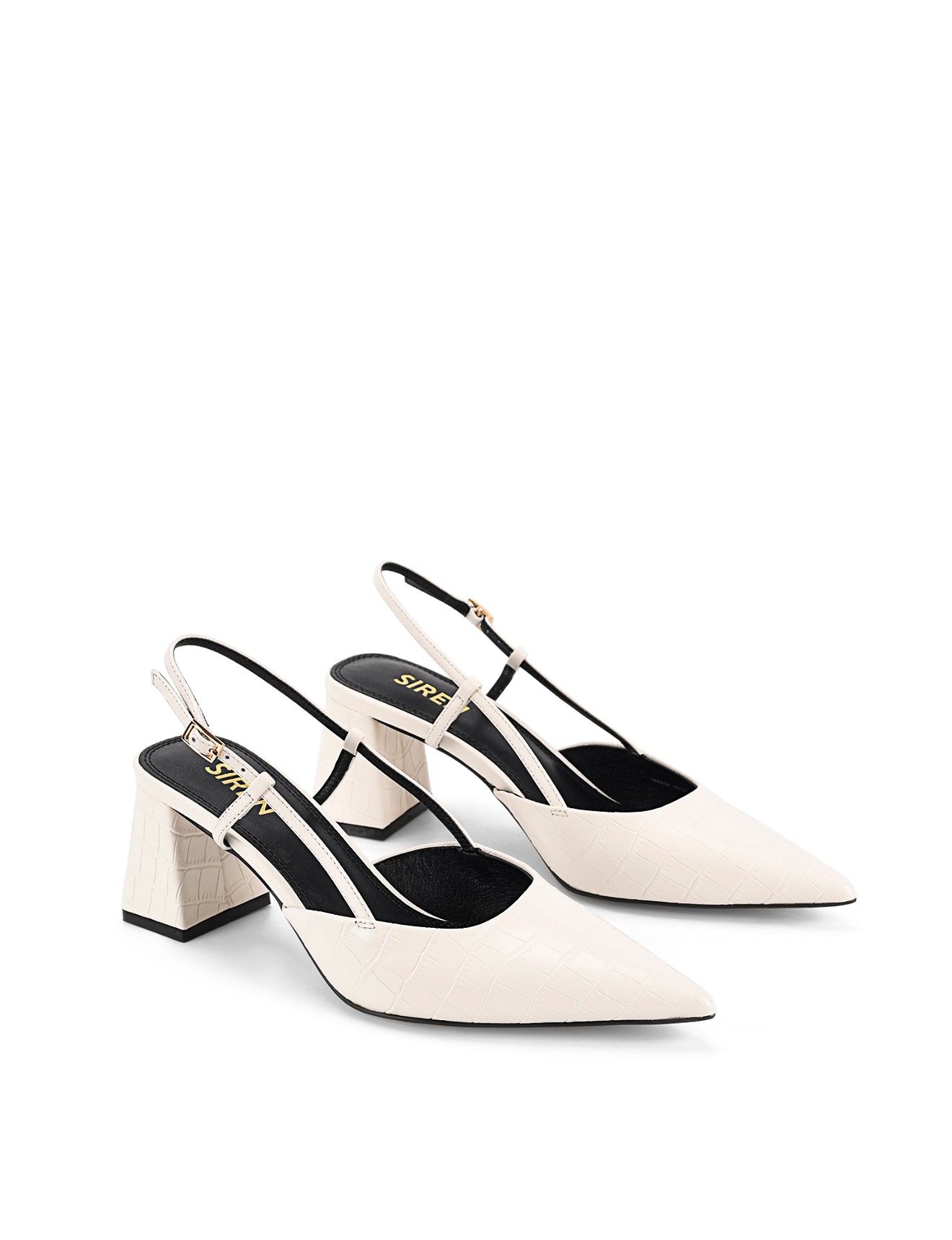 Women's white croc embossed leather slingback block heel with pointed toe