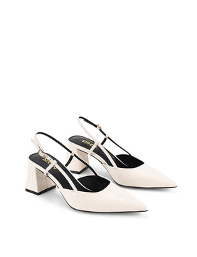 Women's white croc embossed leather slingback block heel with pointed toe