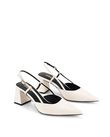 Women's white croc embossed leather slingback block heel with pointed toe