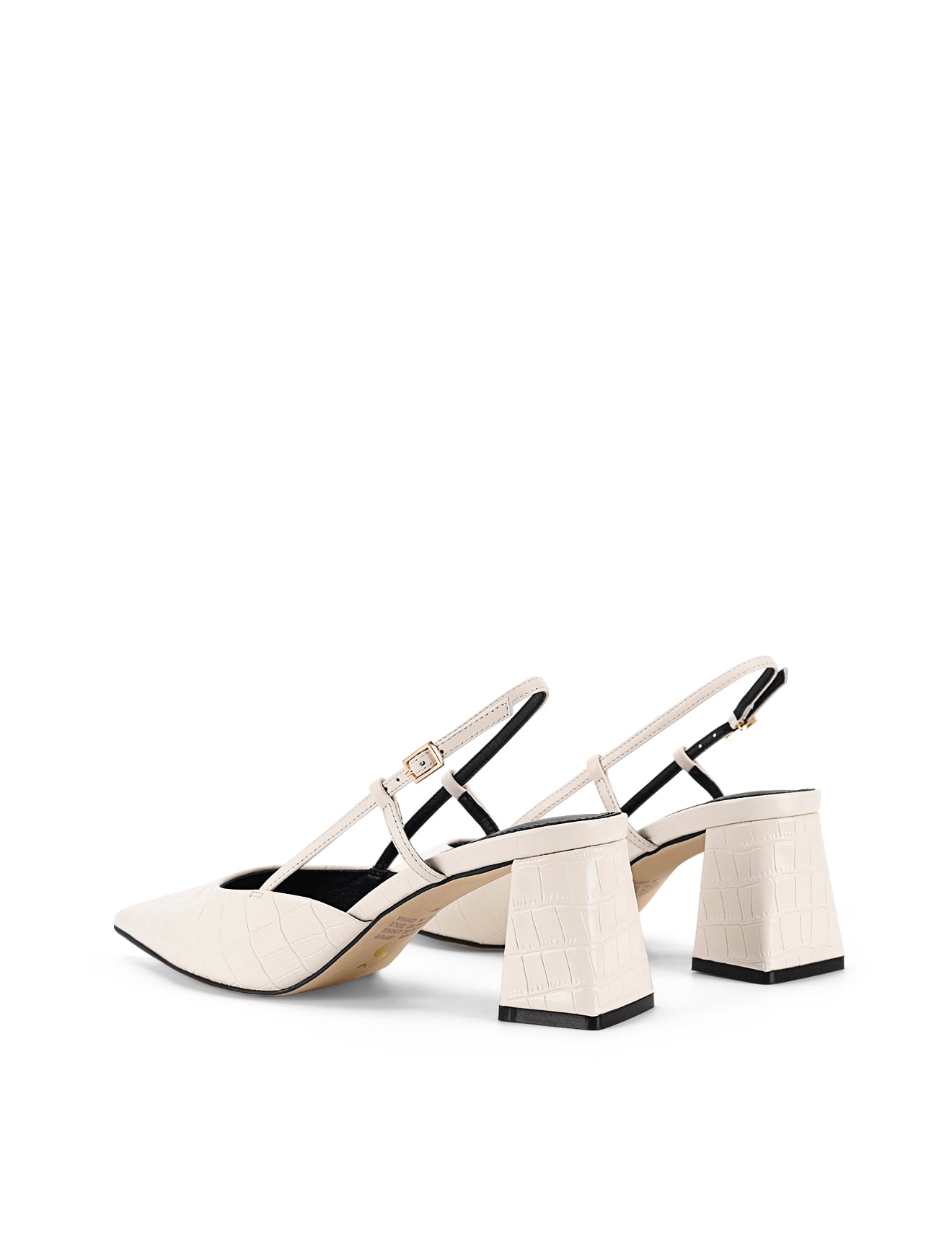 Women's white croc embossed leather slingback block heel with pointed toe