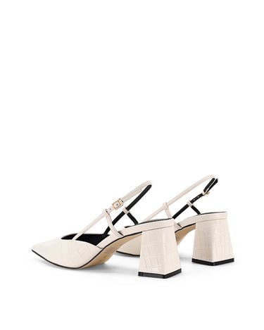 Women's white croc embossed leather slingback block heel with pointed toe