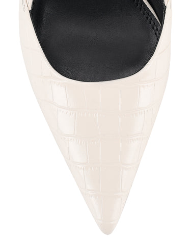Women's white croc embossed leather slingback block heel with pointed toe