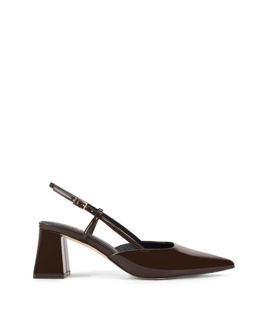 Women's chocolate brown patent leather slingback block heel with buckle fastening and pointed toe