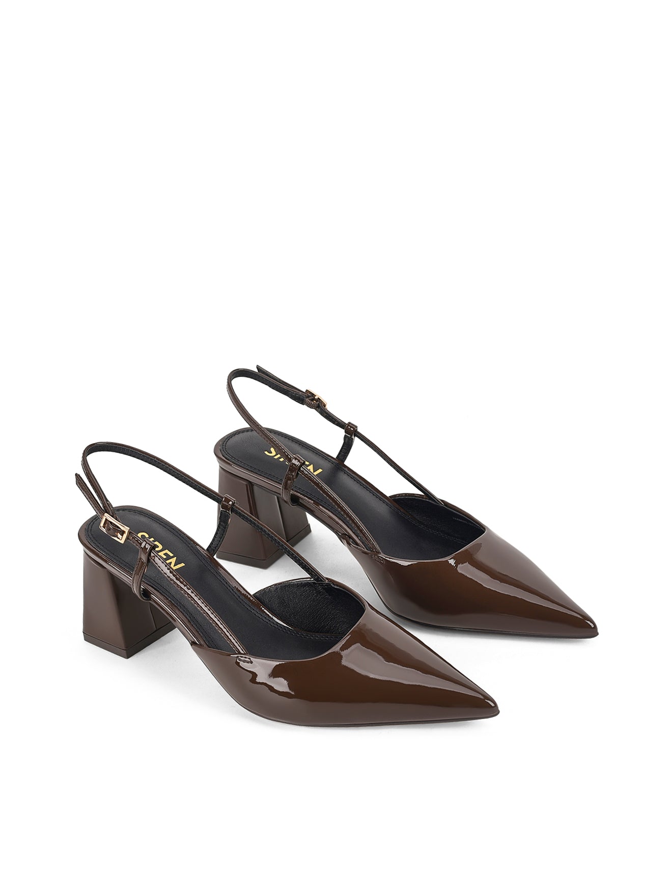 Women's chocolate brown patent leather slingback block heel with buckle fastening and pointed toe