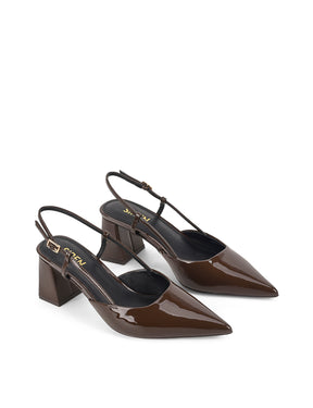 Women's chocolate brown patent leather slingback block heel with buckle fastening and pointed toe