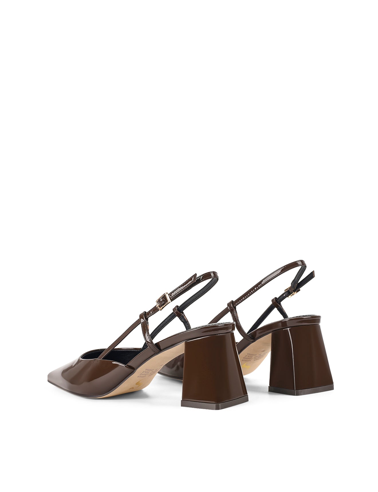 Women's chocolate brown patent leather slingback block heel with buckle fastening and pointed toe