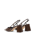Women's chocolate brown patent leather slingback block heel with buckle fastening and pointed toe