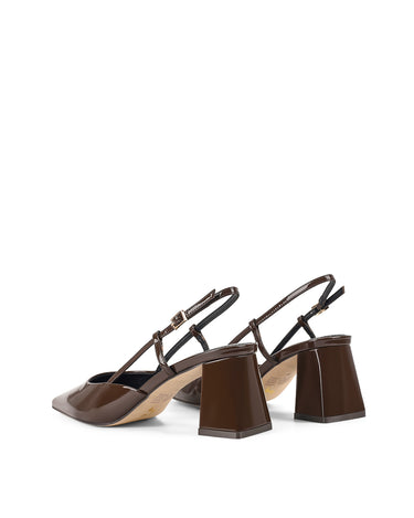 Women's chocolate brown patent leather slingback block heel with buckle fastening and pointed toe