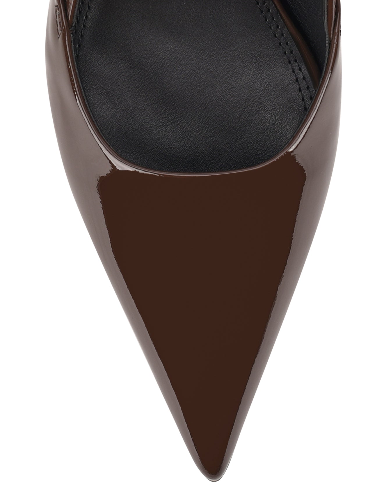 Women's chocolate brown patent leather slingback block heel with buckle fastening and pointed toe