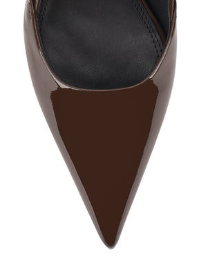 Women's chocolate brown patent leather slingback block heel with buckle fastening and pointed toe