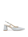 Women's soft blue leather slingback block heel with buckle fastening and pointed toe