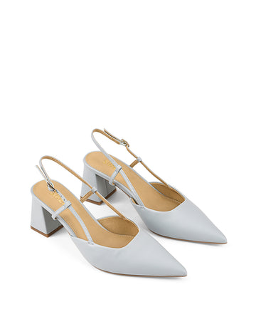 Women's soft blue leather slingback block heel with buckle fastening and pointed toe