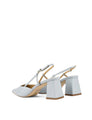 Women's soft blue leather slingback block heel with buckle fastening and pointed toe