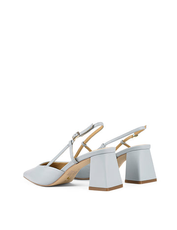 Women's soft blue leather slingback block heel with buckle fastening and pointed toe