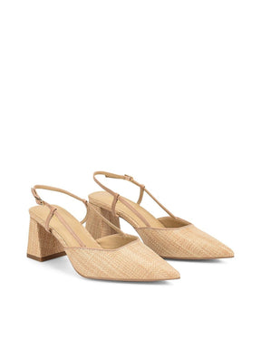 Women's block heel slingback with pointed toe in natural raffia and tan leather