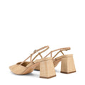 Women's block heel slingback with pointed toe in natural raffia and tan leather