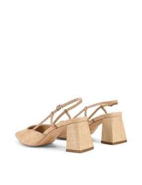Women's block heel slingback with pointed toe in natural raffia and tan leather