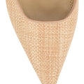 Women's block heel slingback with pointed toe in natural raffia and tan leather