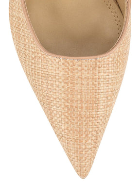 Women's block heel slingback with pointed toe in natural raffia and tan leather