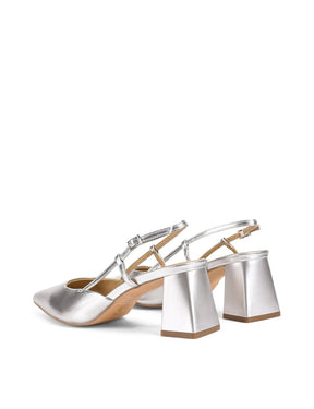 Women's pointed toe slingback with block heel in silver metallic leather