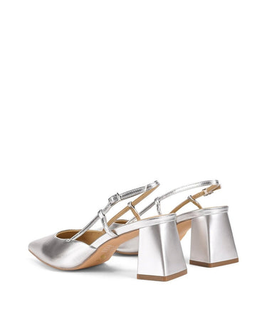 Women's pointed toe slingback with block heel in silver metallic leather