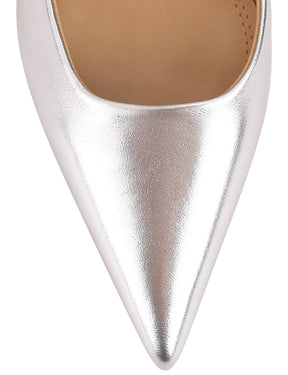 Women's pointed toe slingback with block heel in silver metallic leather