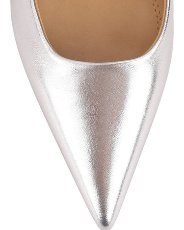 Women's pointed toe slingback with block heel in silver metallic leather