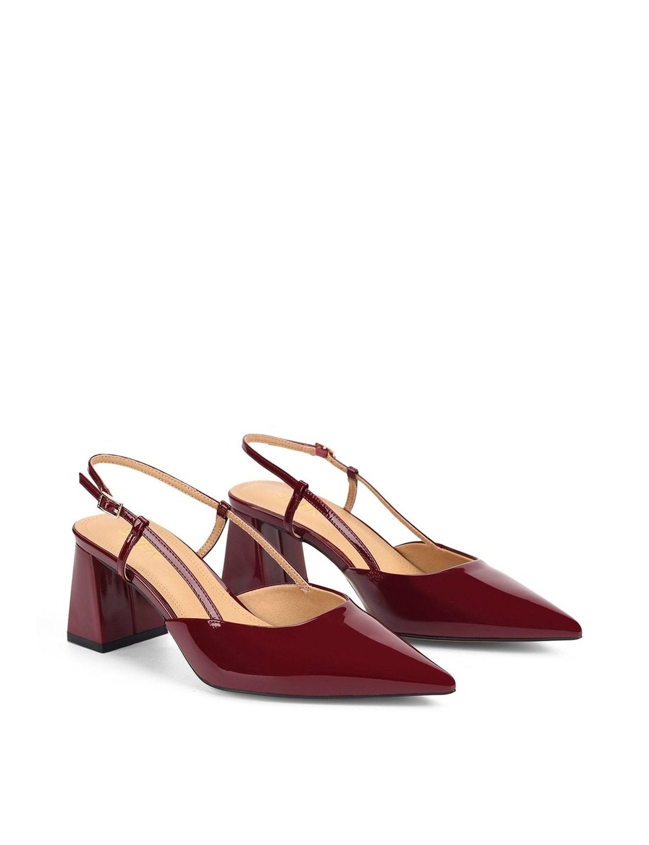 Women's block heel slingback with pointed toe in wine patent leather
