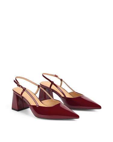 Women's block heel slingback with pointed toe in wine patent leather