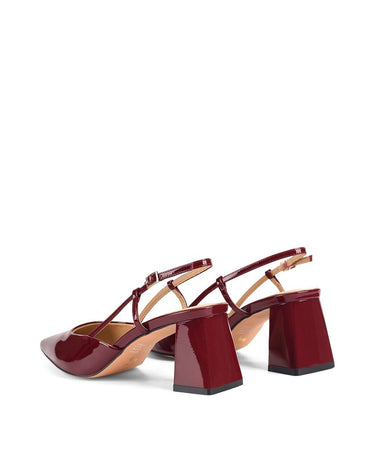Women's block heel slingback with pointed toe in wine patent leather