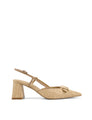 Women's raffia and tan leather slingback block heel with pointed toe and buckle fastening