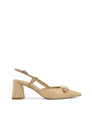 Women's raffia and tan leather slingback block heel with pointed toe and buckle fastening