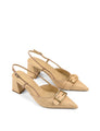 Women's raffia and tan leather slingback block heel with pointed toe and buckle fastening