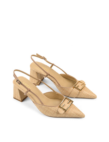 Women's raffia and tan leather slingback block heel with pointed toe and buckle fastening
