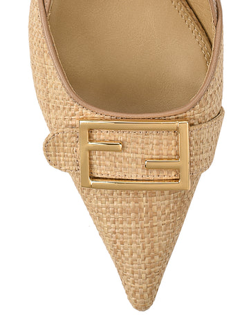 Women's raffia and tan leather slingback block heel with pointed toe and buckle fastening