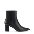 Women's black leather ankle boot with high heel and pointed toe