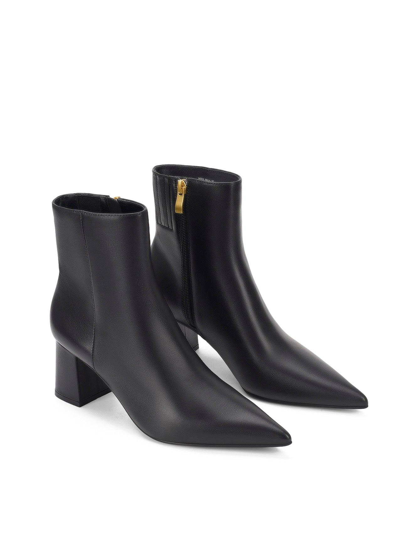 Women's black leather ankle boot with high heel and pointed toe
