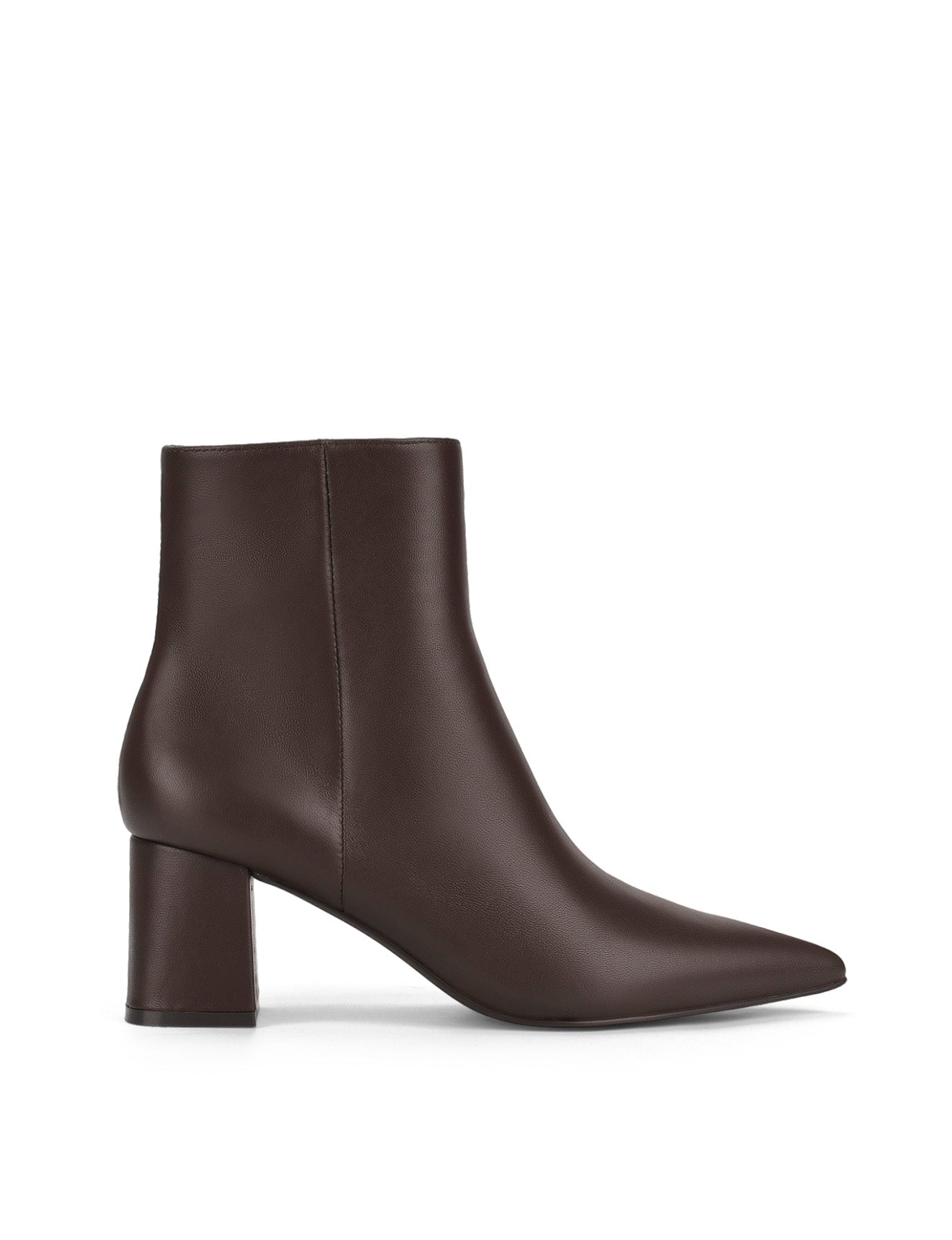 Women's chocolate brown leather ankle boot with high heel and pointed toe