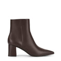 Women's chocolate brown leather ankle boot with high heel and pointed toe
