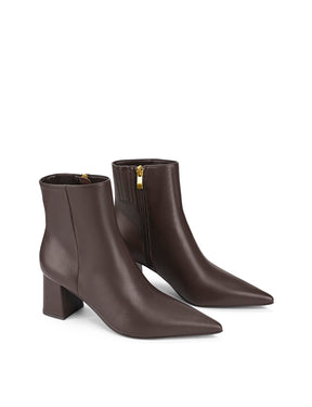 Women's chocolate brown leather ankle boot with high heel and pointed toe