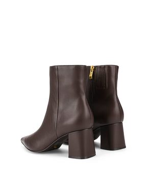 Women's chocolate brown leather ankle boot with high heel and pointed toe