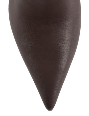 Women's chocolate brown leather ankle boot with high heel and pointed toe